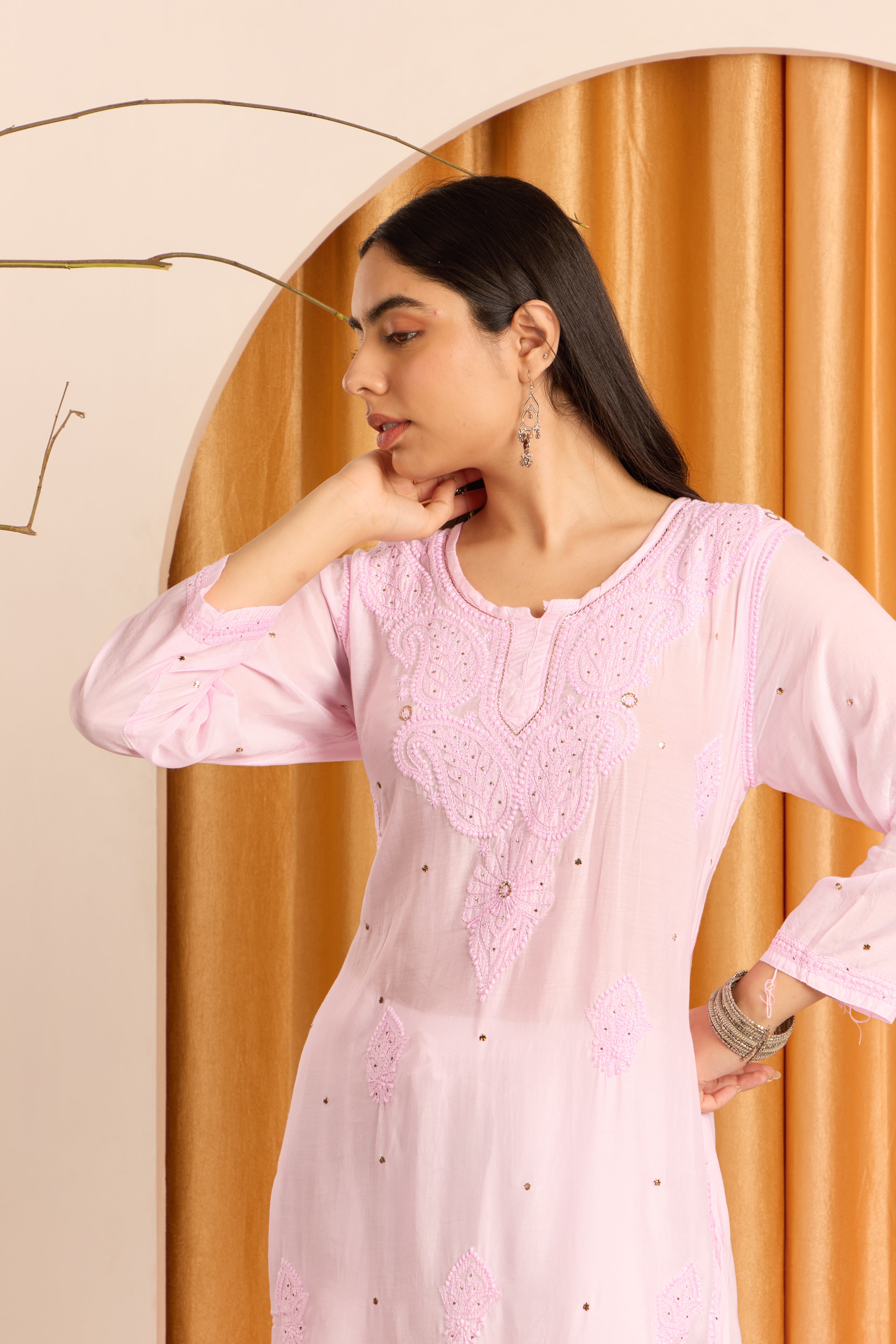 Graceful Blush Pink Chikankari Muslin Kurti with Mukaish work