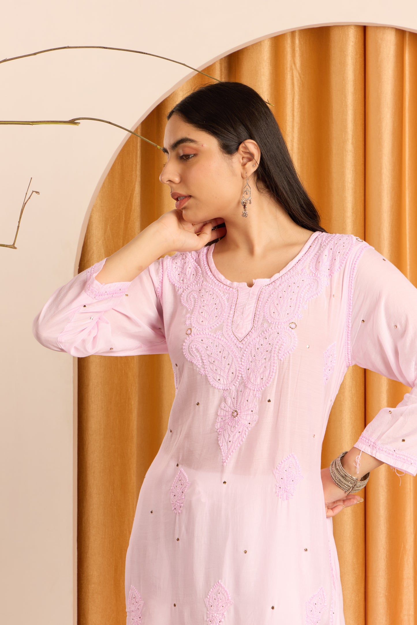 Graceful Blush Pink Chikankari Muslin Kurti with Mukaish work
