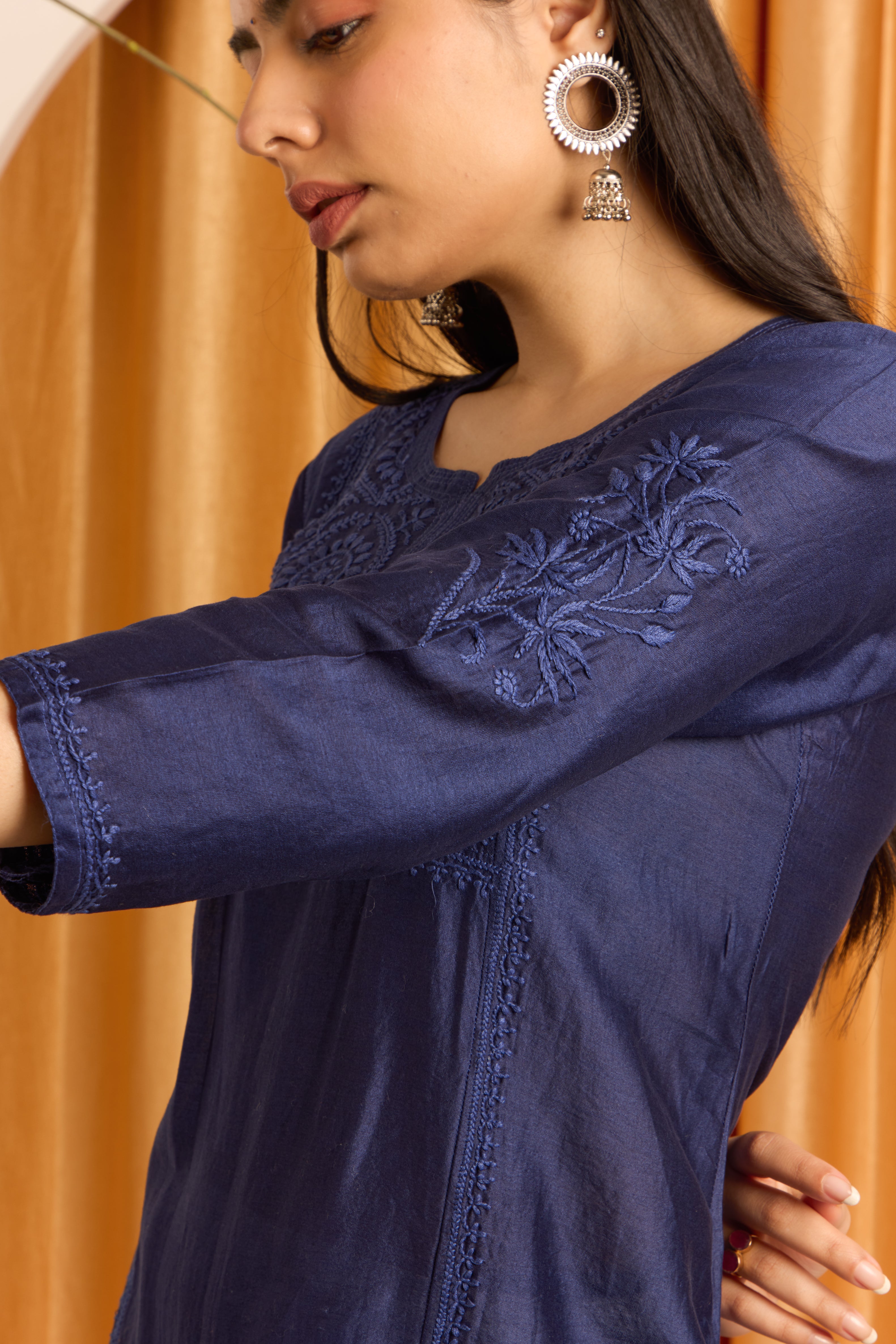 Navy Majesty Chikankari Pure Chanderi Kurti