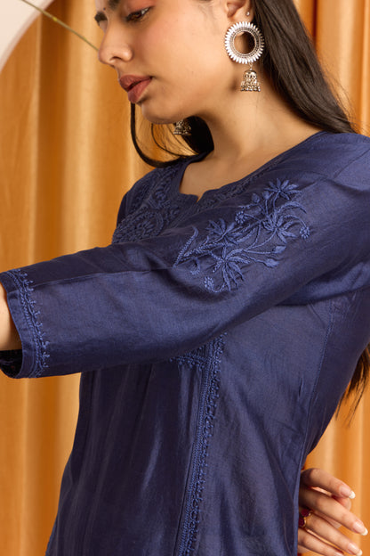Navy Majesty Chikankari Pure Chanderi Kurti