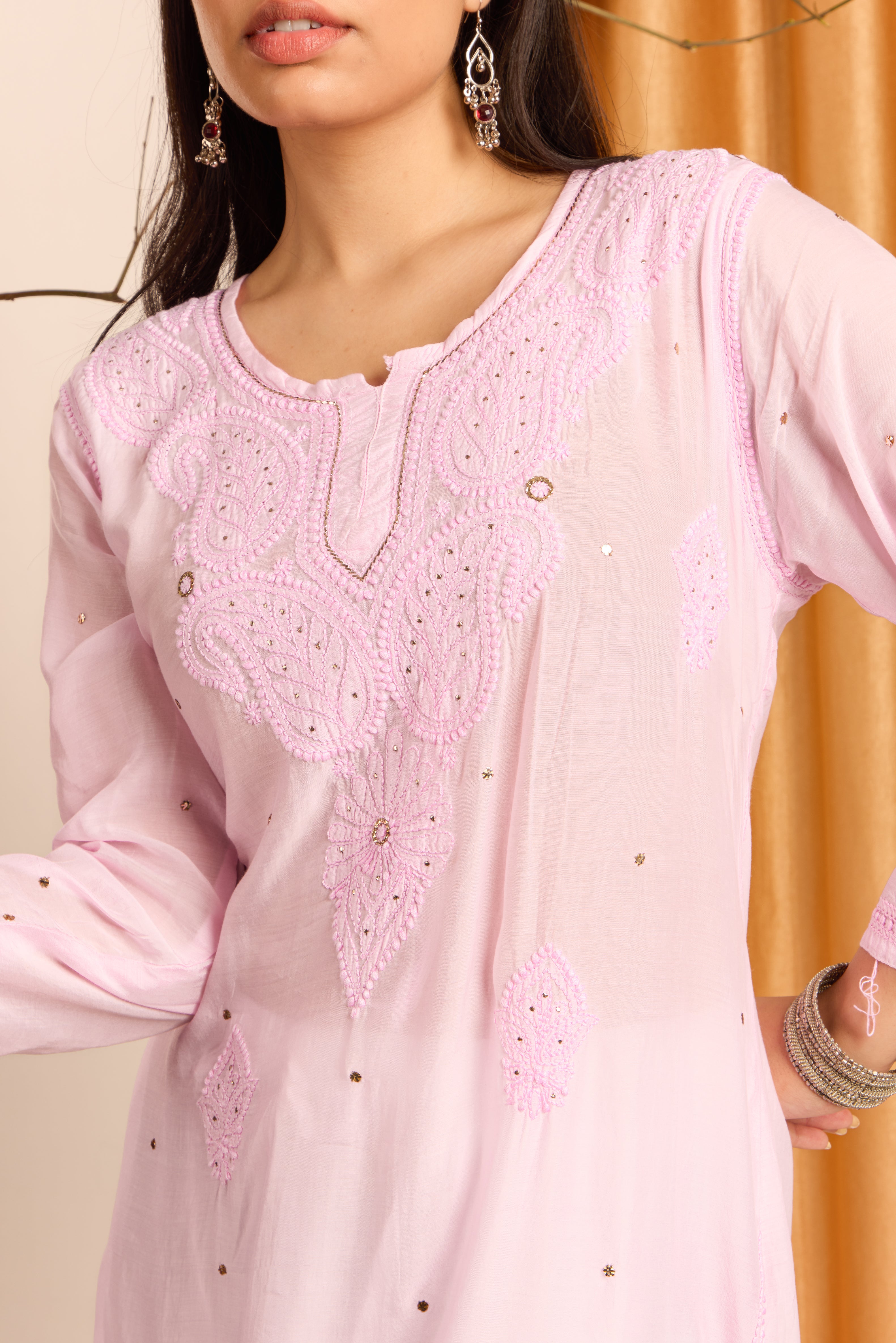 Graceful Blush Pink Chikankari Muslin Kurti with Mukaish work
