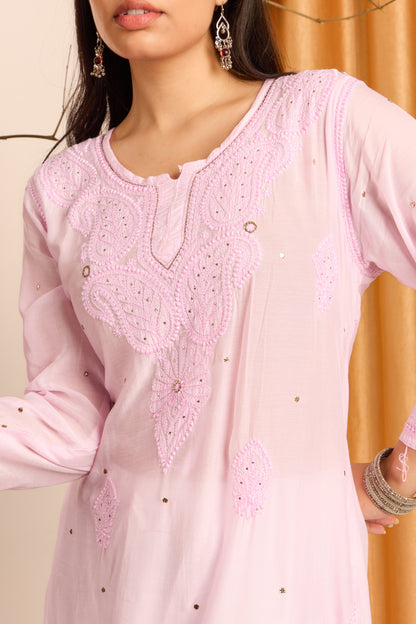 Graceful Blush Pink Chikankari Muslin Kurti with Mukaish work