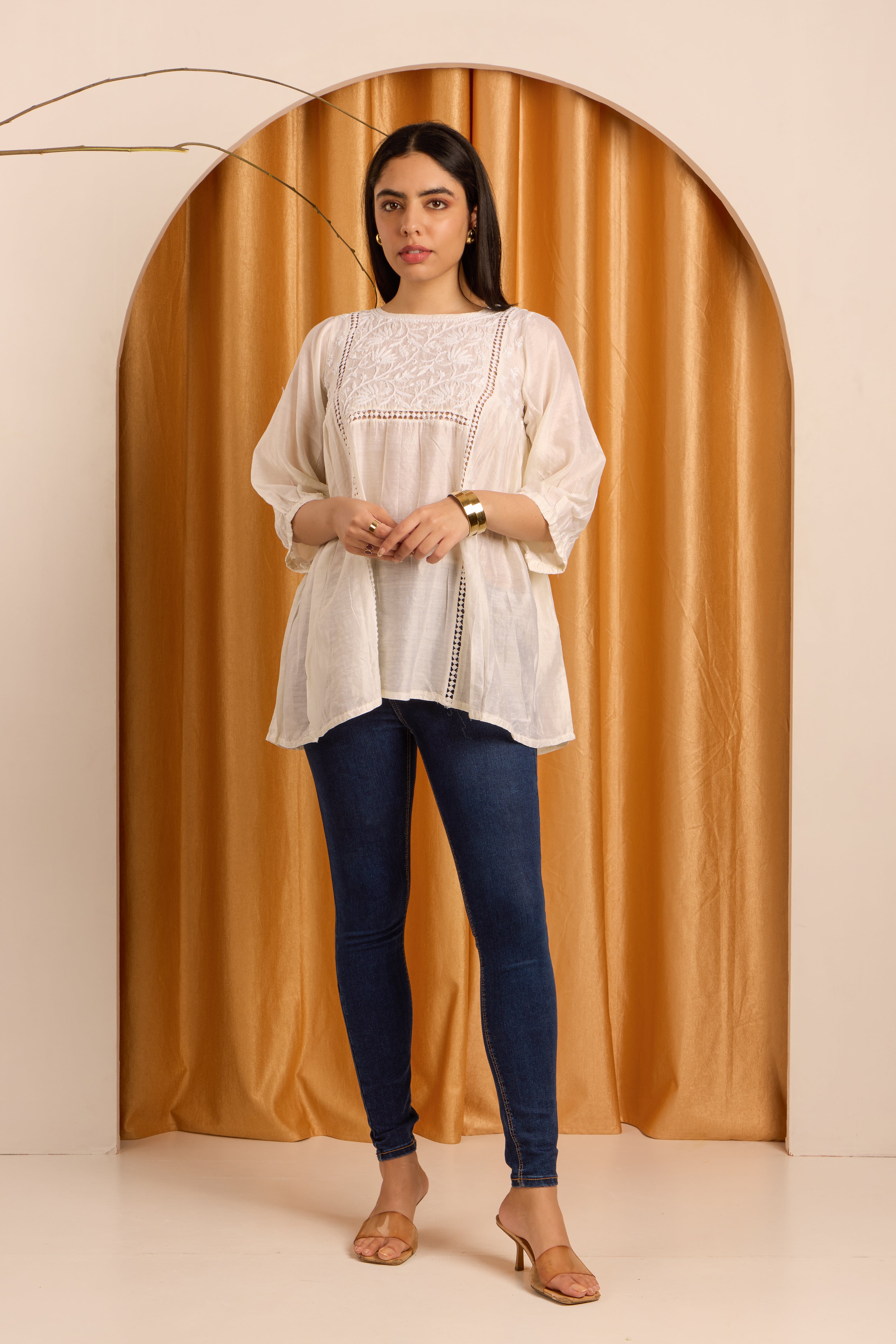 Elegant Ivory Chikankari Short Pure Chanderi Kurti/Top