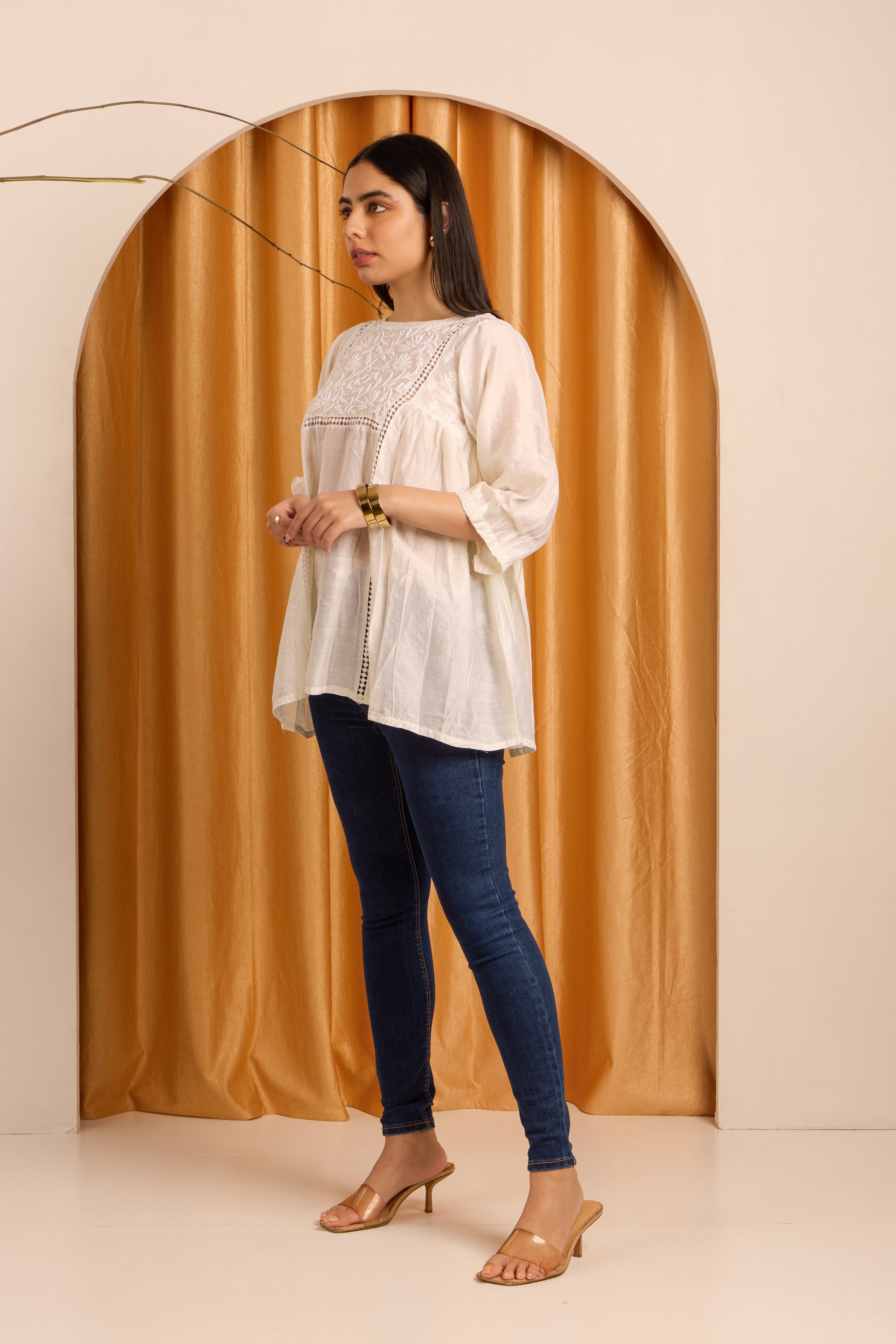 Elegant Ivory Chikankari Short Pure Chanderi Kurti/Top