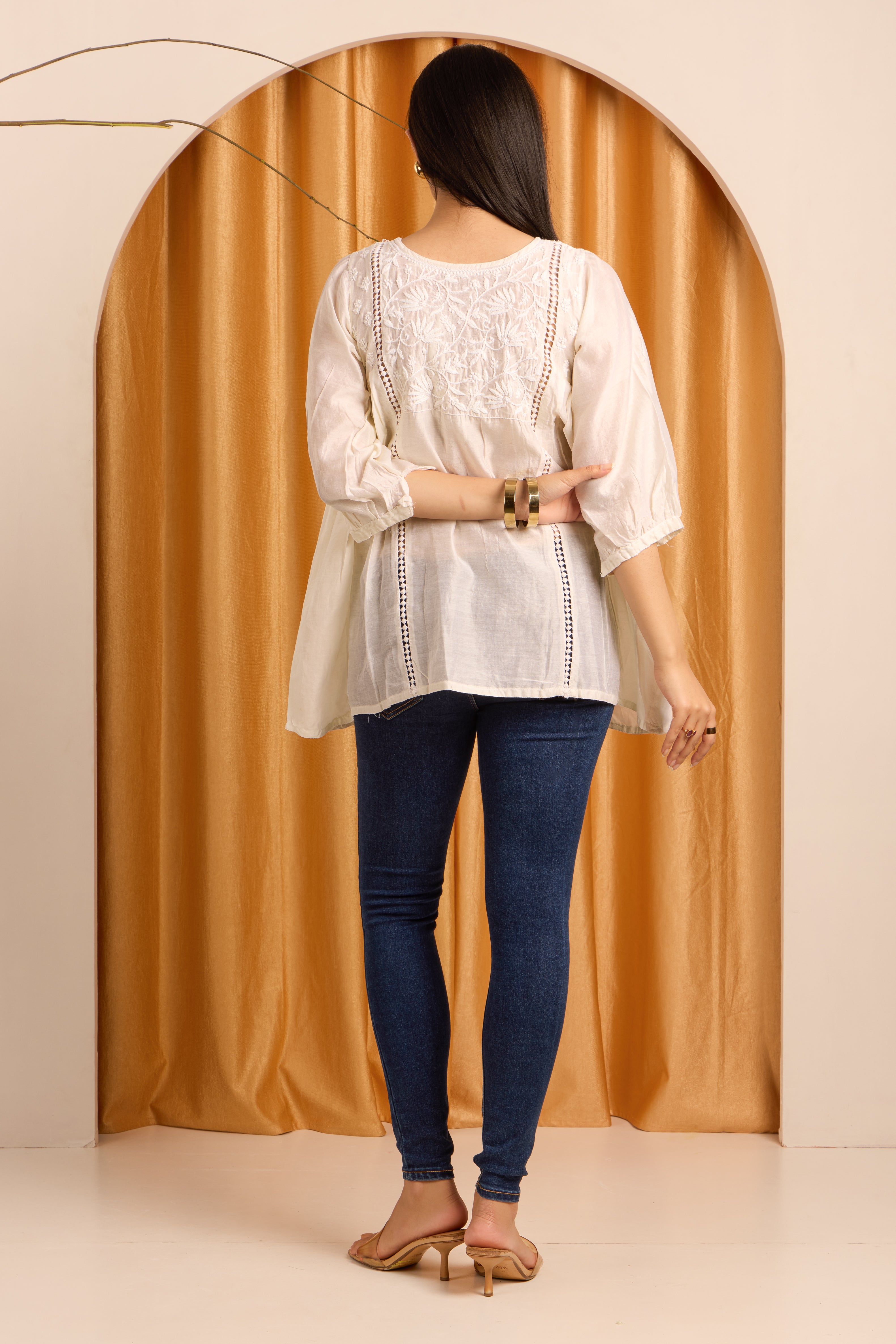 Elegant Ivory Chikankari Short Pure Chanderi Kurti/Top