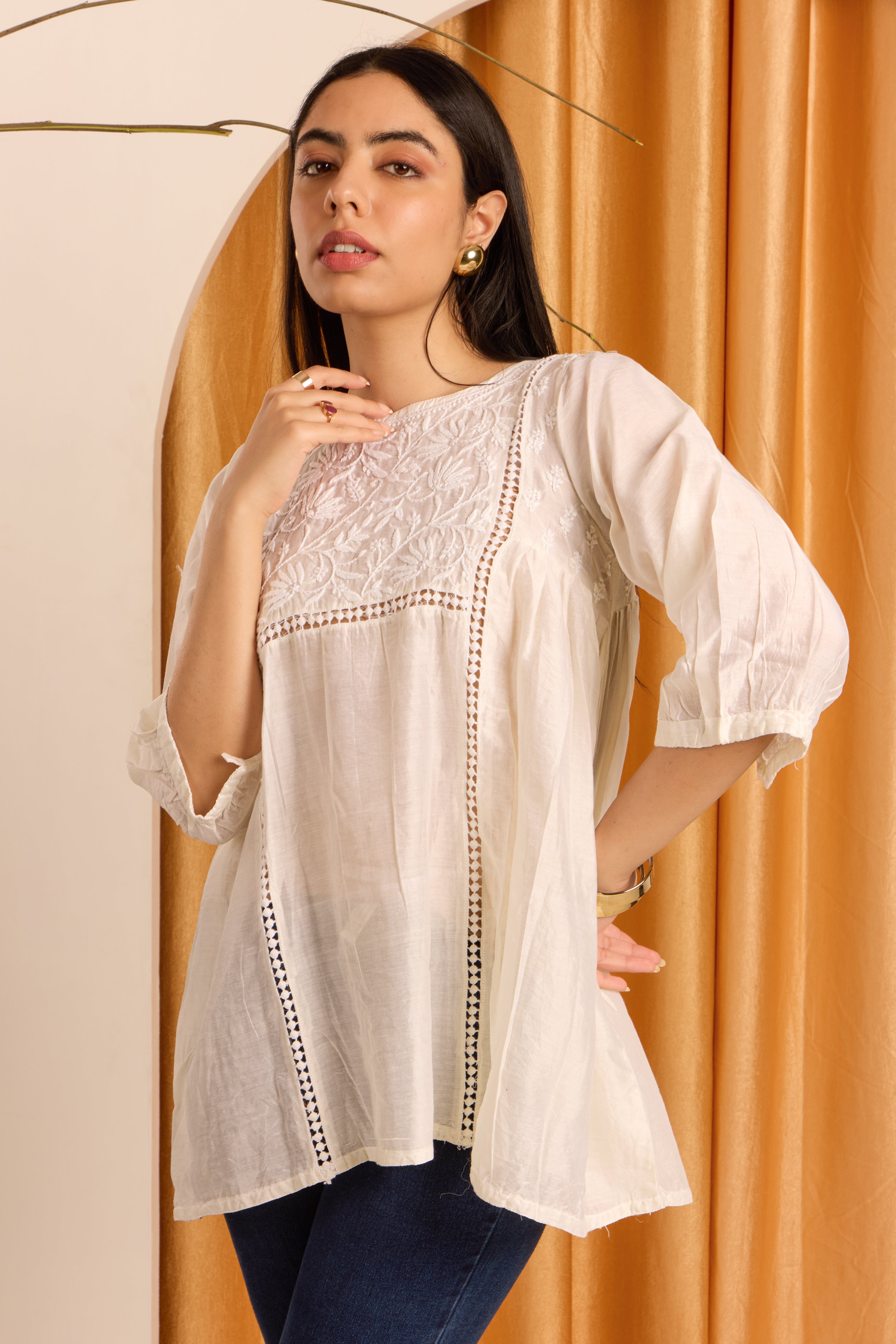 Elegant Ivory Chikankari Short Pure Chanderi Kurti/Top