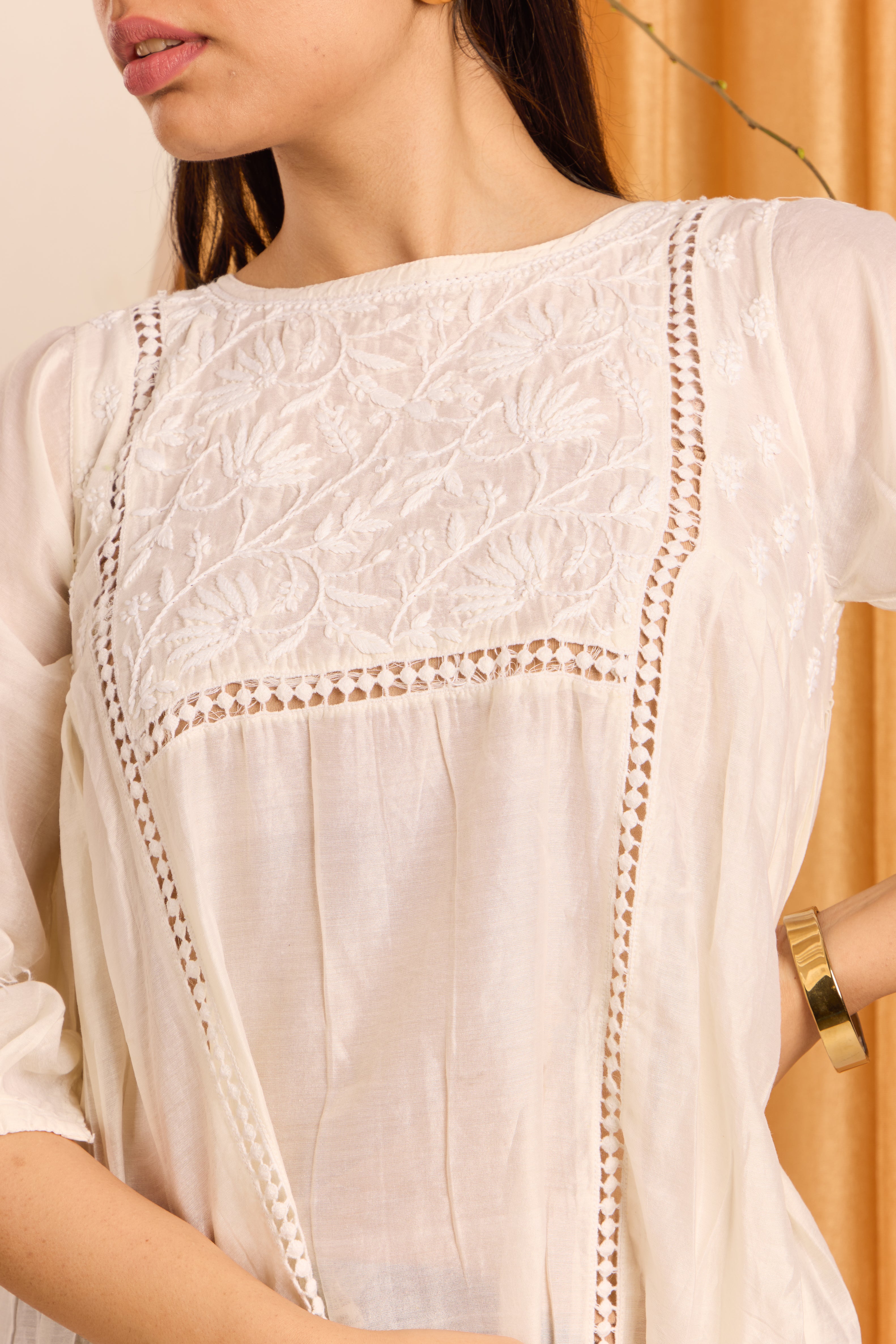 Elegant Ivory Chikankari Short Pure Chanderi Kurti/Top