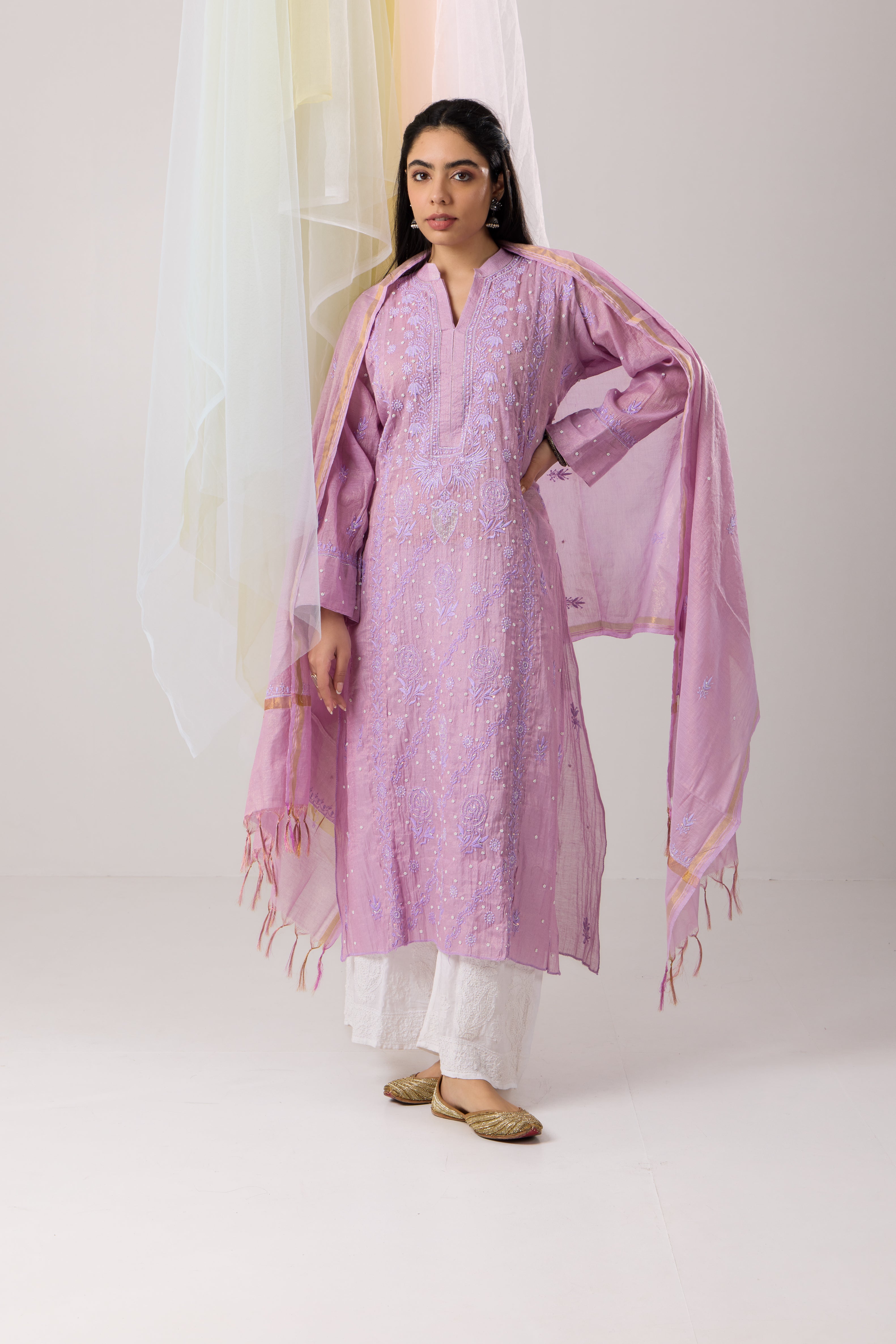Luminous Lavender Chikankari Zari Tissue Kurta Dupatta Set