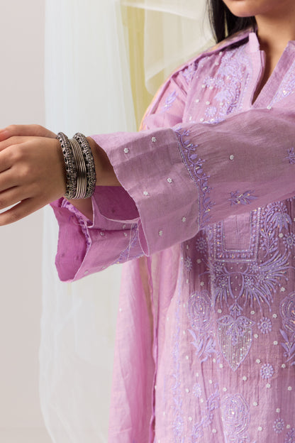 Luminous Lavender Chikankari Zari Tissue Kurta Dupatta Set