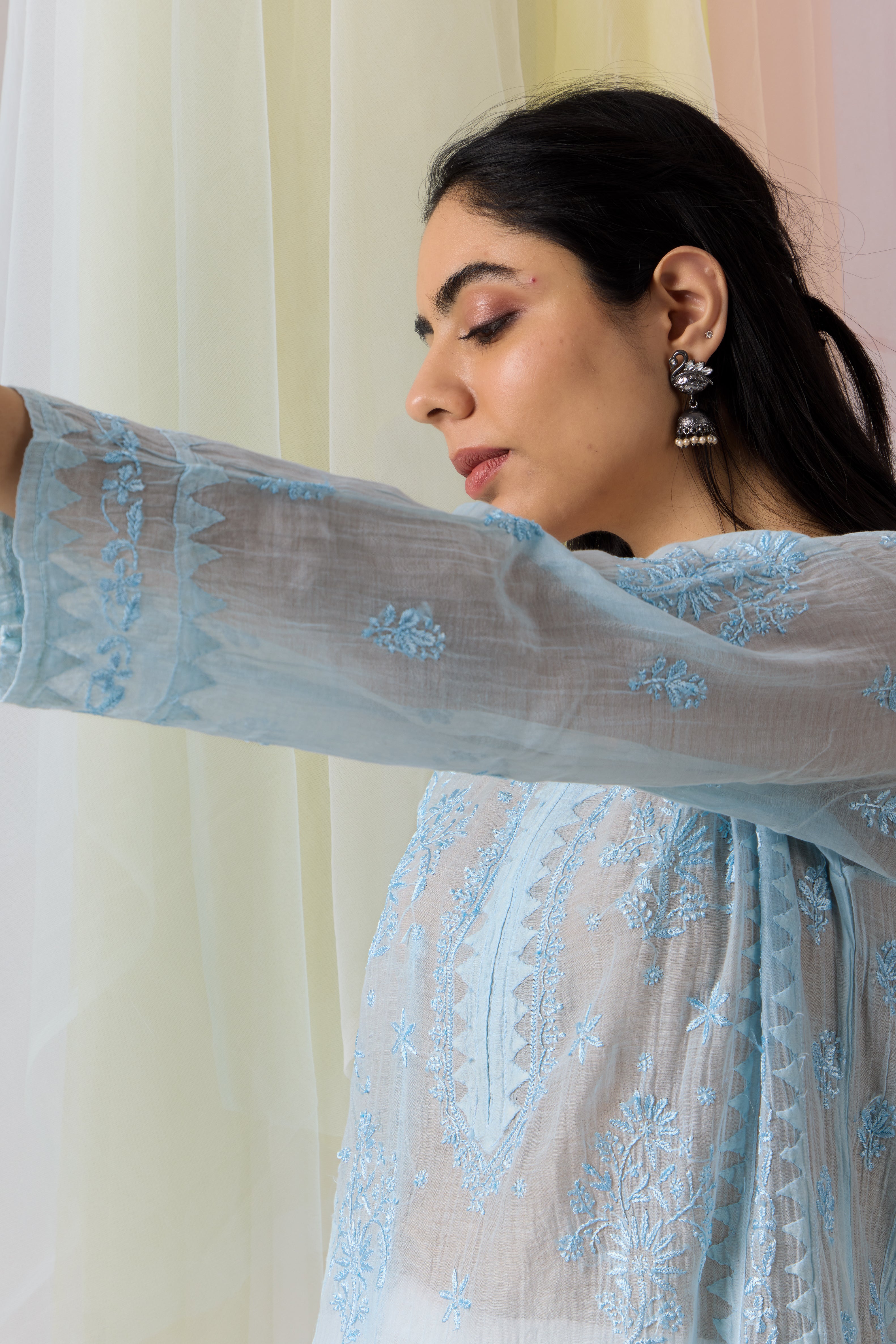 Delicate Baby Blue Chikankari Mul Chanderi Kurta Dupatta Set With Daraj Work