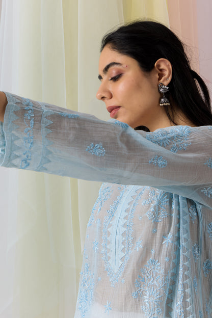 Delicate Baby Blue Chikankari Mul Chanderi Kurta Dupatta Set With Daraj Work