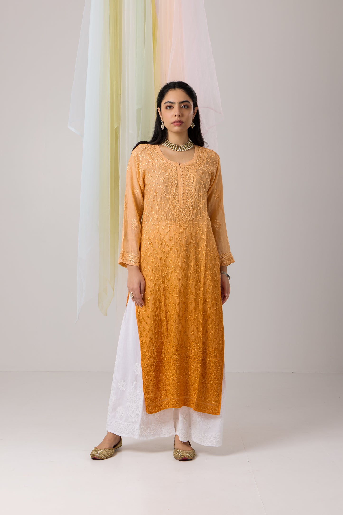 Vibrant Pumpkin Orange Ombre Chikankari Mul Chanderi Kurti
