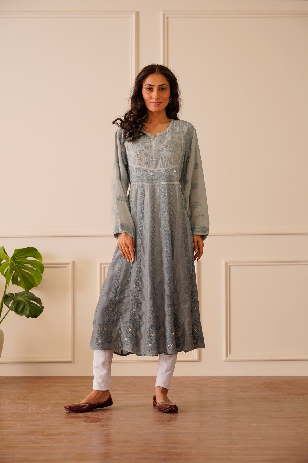 Aesthetic Light Grey Ombre Muslin Aline Kurti - House Of Awadh
