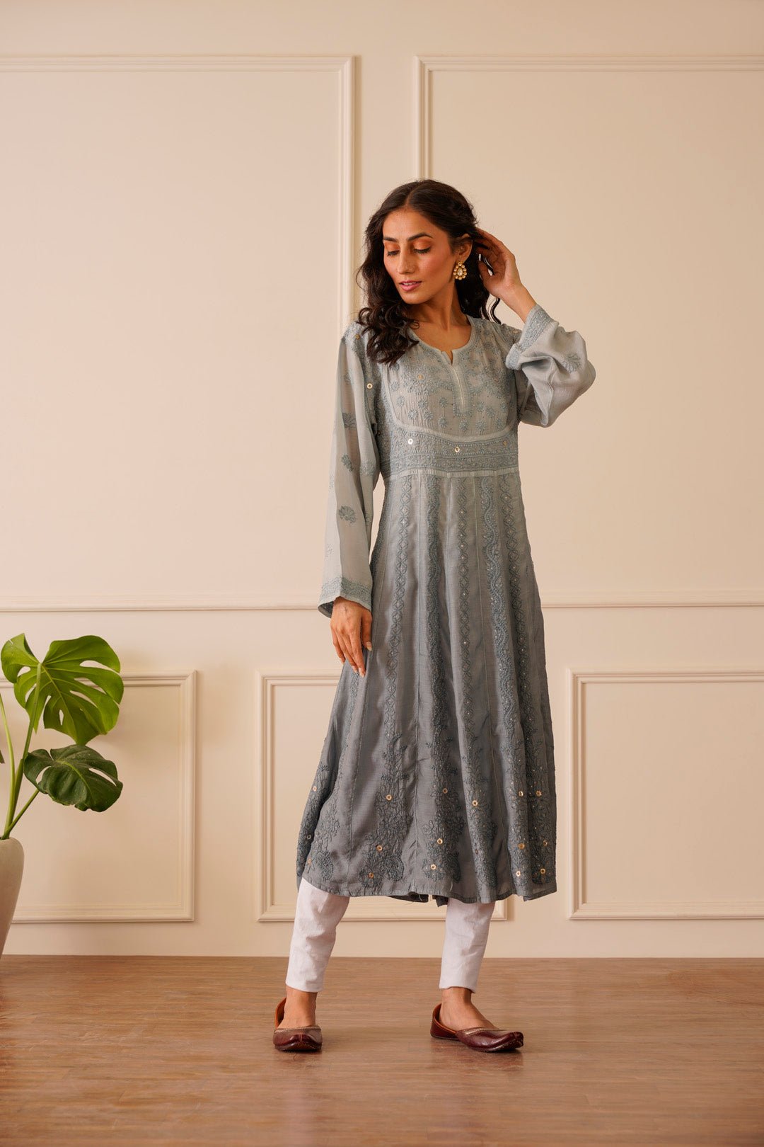 Aesthetic Light Grey Ombre Muslin Aline Kurti - House Of Awadh