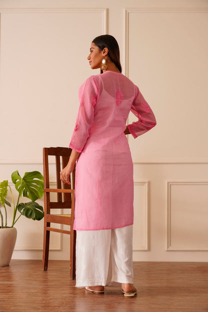 Alluring Light Pink Kota Doria Straight Kurta - House Of Awadh