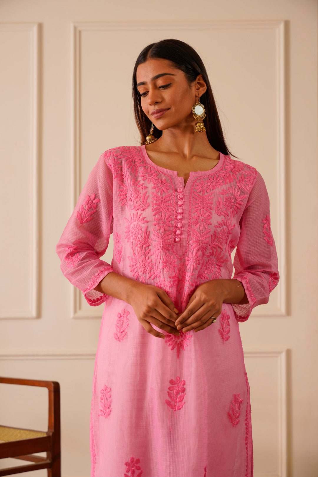 Alluring Light Pink Kota Doria Straight Kurta - House Of Awadh