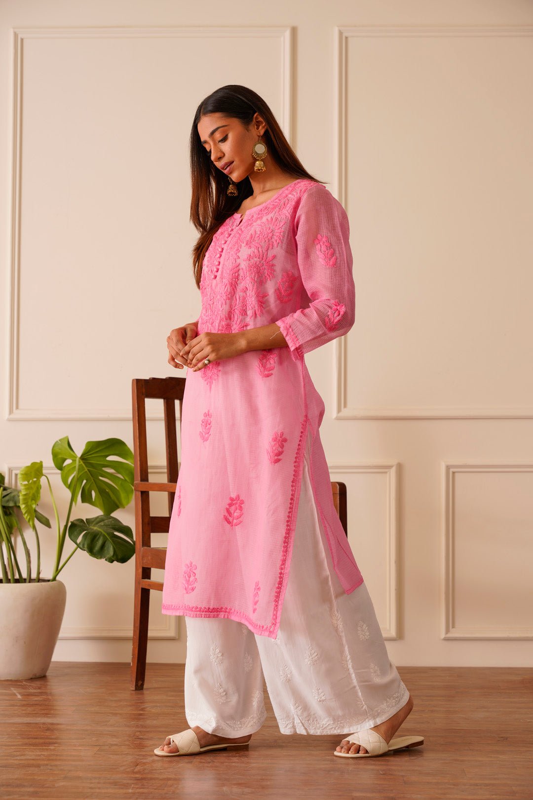 Alluring Light Pink Kota Doria Straight Kurta - House Of Awadh