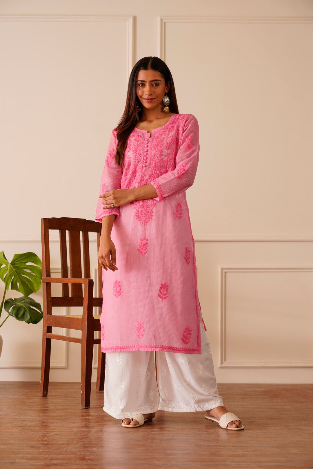 Alluring Light Pink Kota Doria Straight Kurta - House Of Awadh