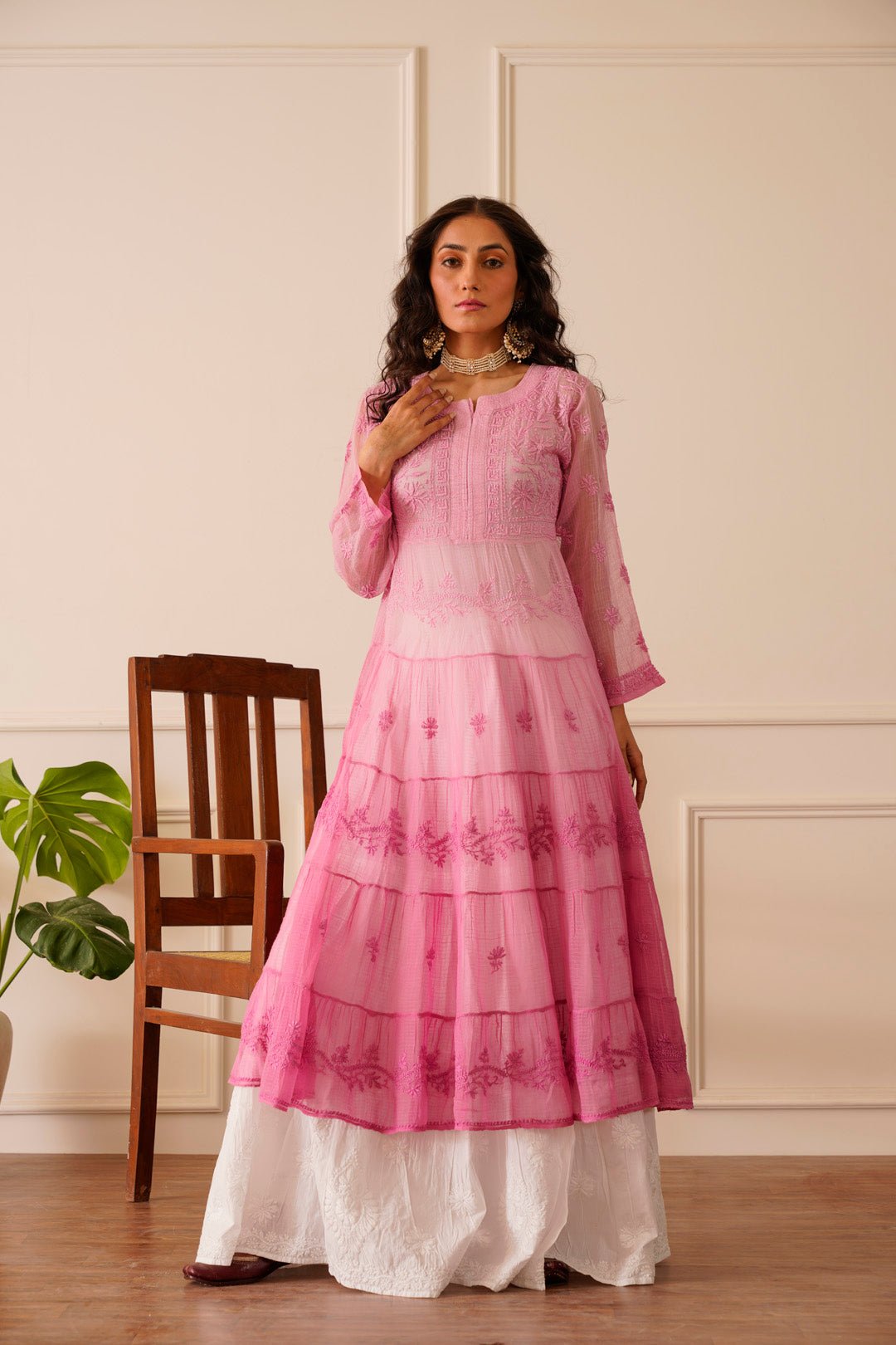 Amazing Light Pink Ombre Kota Doria Anarkali - House Of Awadh