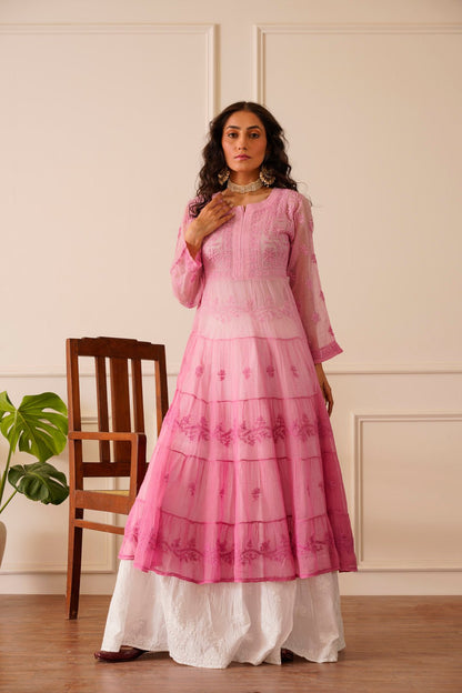Amazing Light Pink Ombre Kota Doria Anarkali - House Of Awadh
