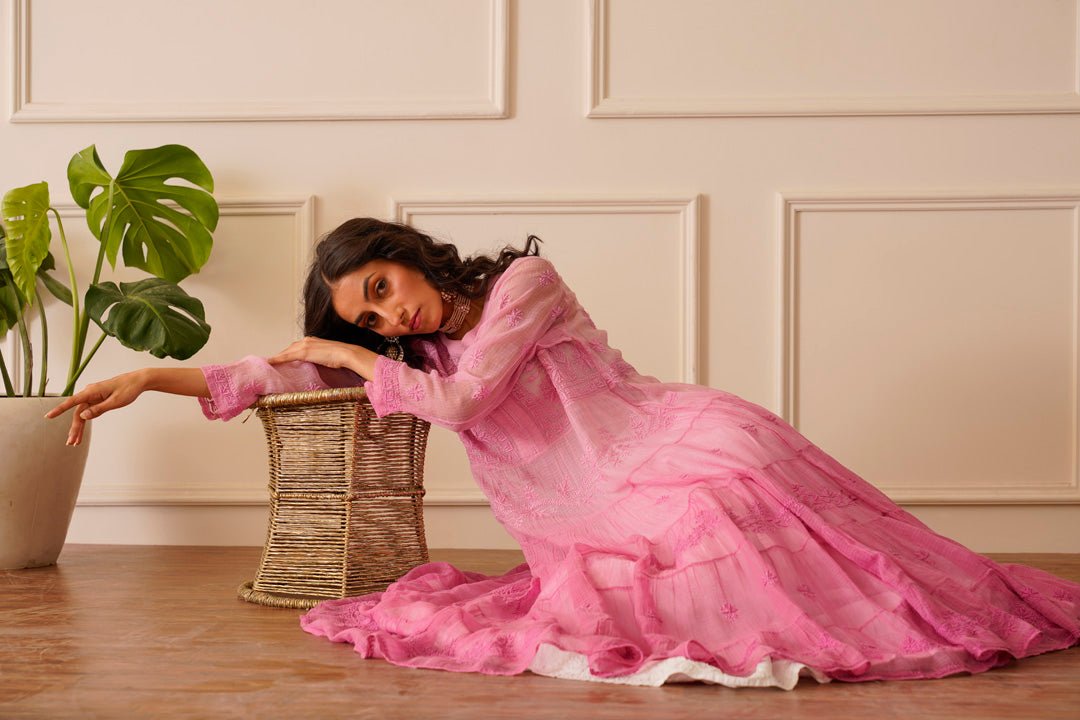 Amazing Light Pink Ombre Kota Doria Anarkali - House Of Awadh