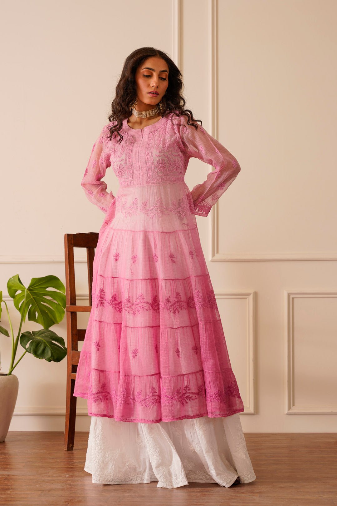 Amazing Light Pink Ombre Kota Doria Anarkali - House Of Awadh