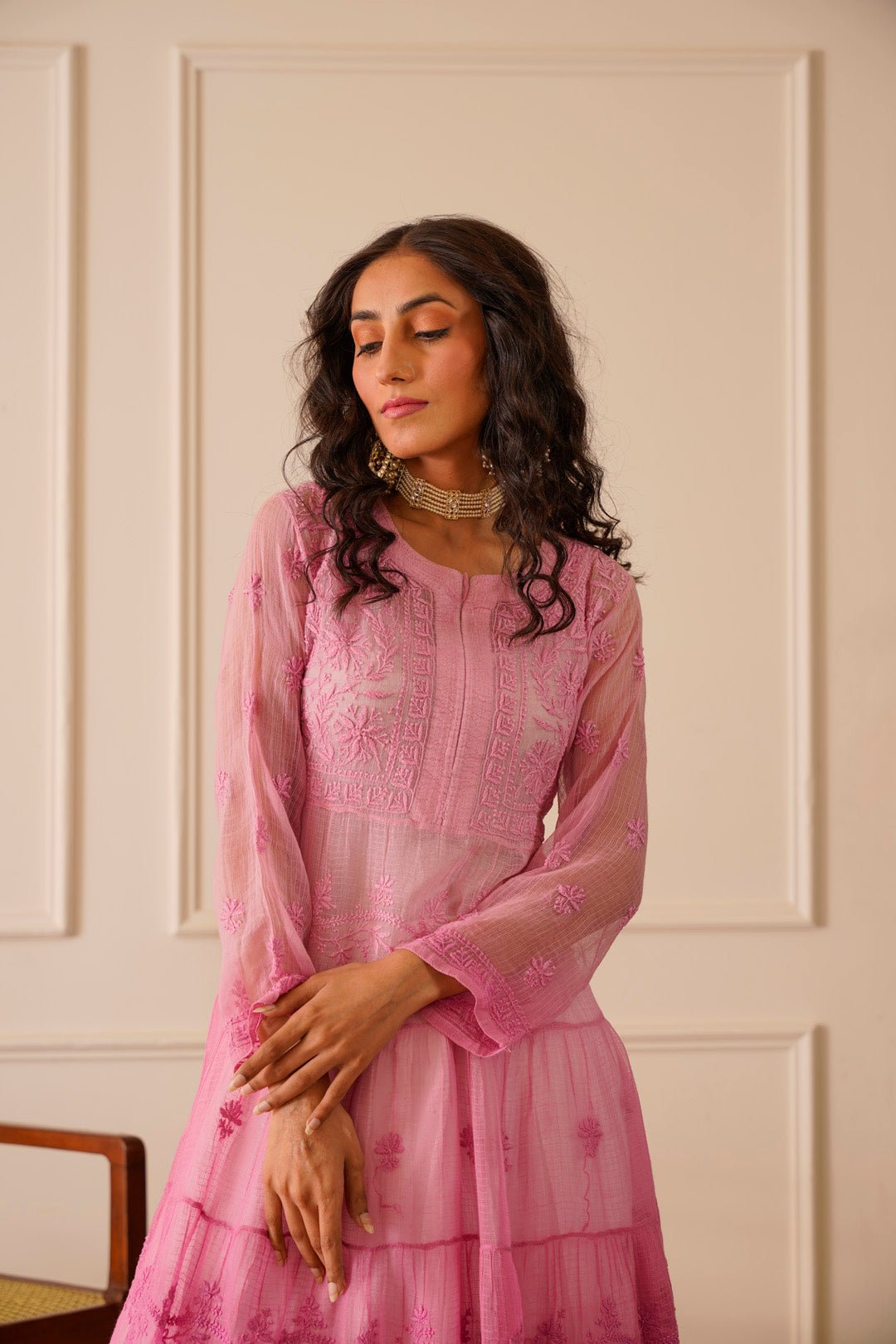 Amazing Light Pink Ombre Kota Doria Anarkali - House Of Awadh