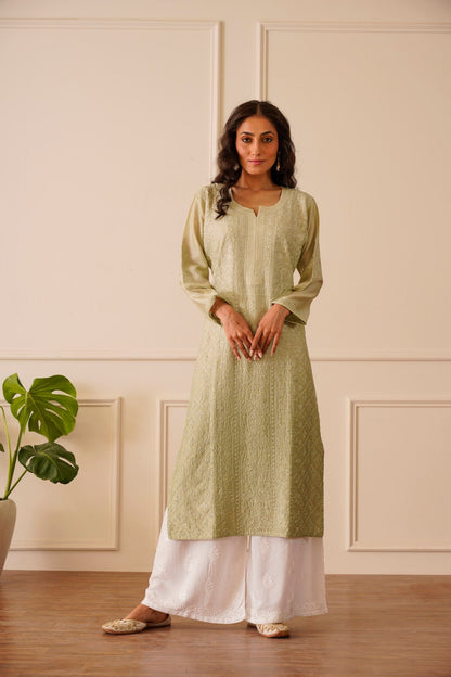 Angelic Light Moss Ombre Viscose Straight Kurta - House Of Awadh