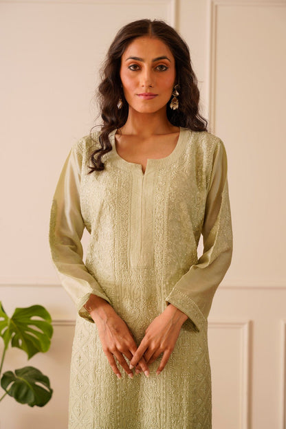 Angelic Light Moss Ombre Viscose Straight Kurta - House Of Awadh