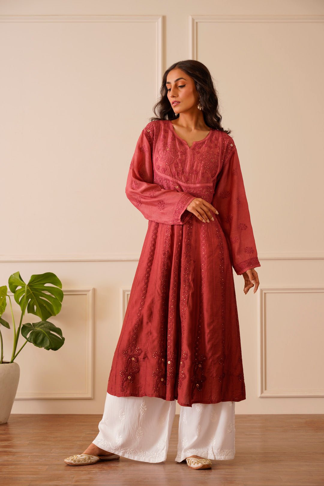 Beautiful Burgundy Ombre Muslin Aline Kurti - House Of Awadh