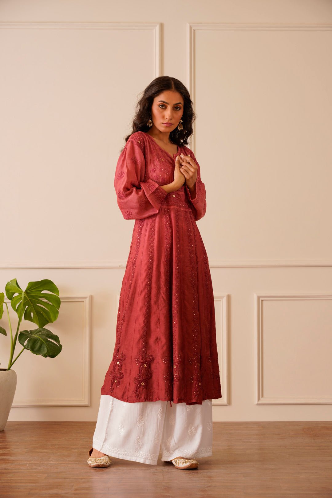 Beautiful Burgundy Ombre Muslin Aline Kurti - House Of Awadh