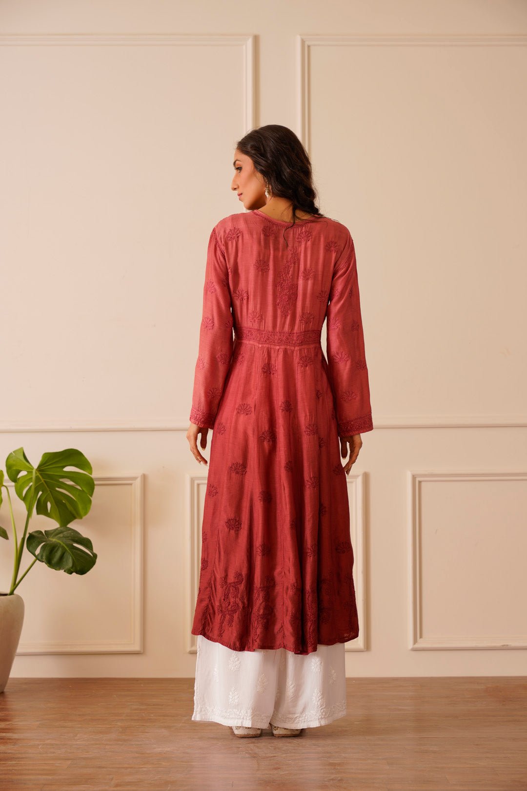 Beautiful Burgundy Ombre Muslin Aline Kurti - House Of Awadh