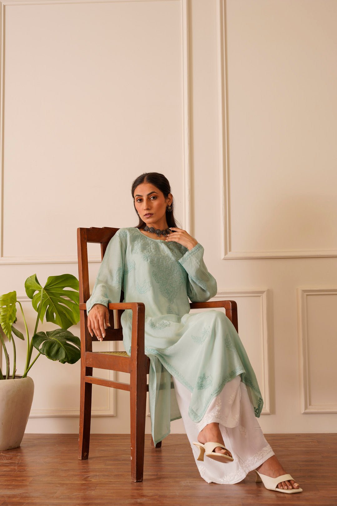 Breathtaking Turquoise Muslin Straight Kurta - House Of Awadh