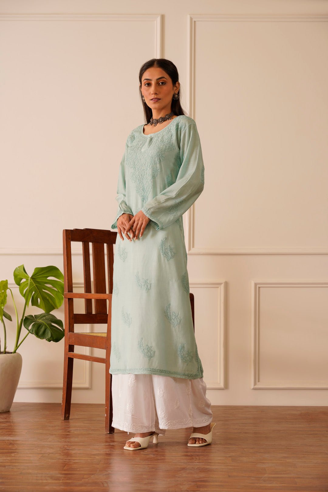 Breathtaking Turquoise Muslin Straight Kurta - House Of Awadh