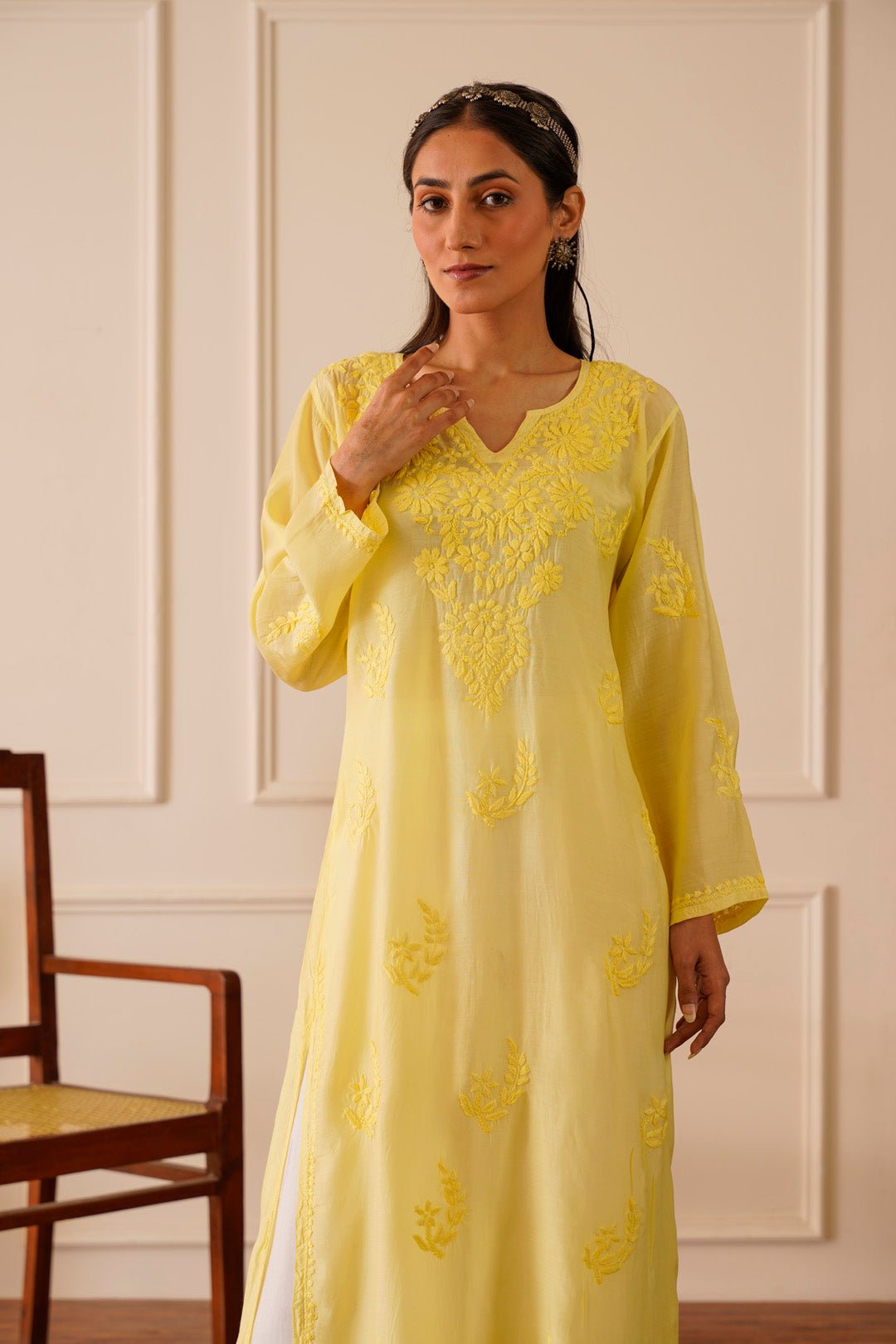 Captivating Light Yellow Muslin Straight Kurta - House Of Awadh
