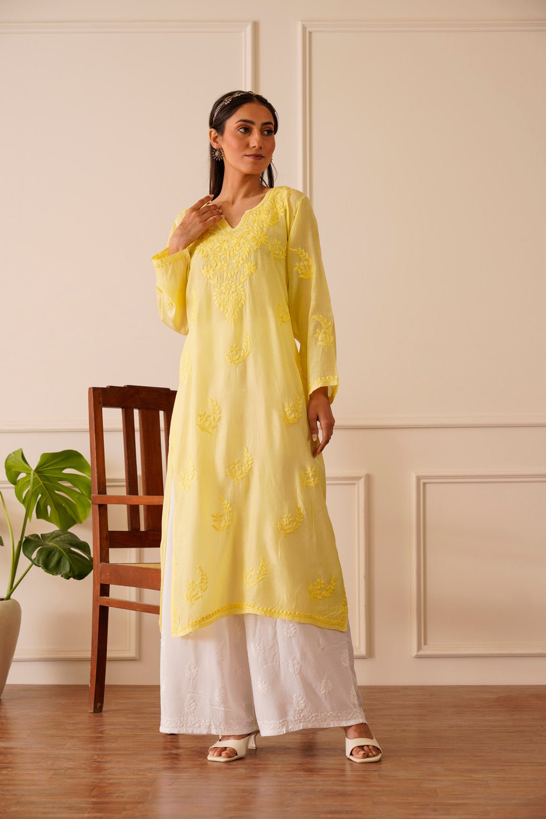 Captivating Light Yellow Muslin Straight Kurta - House Of Awadh