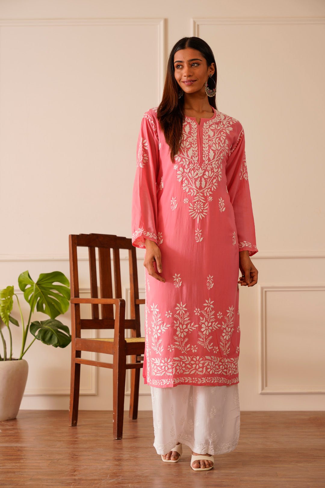 Charming Pink Modal Straight Kurta - House Of Awadh