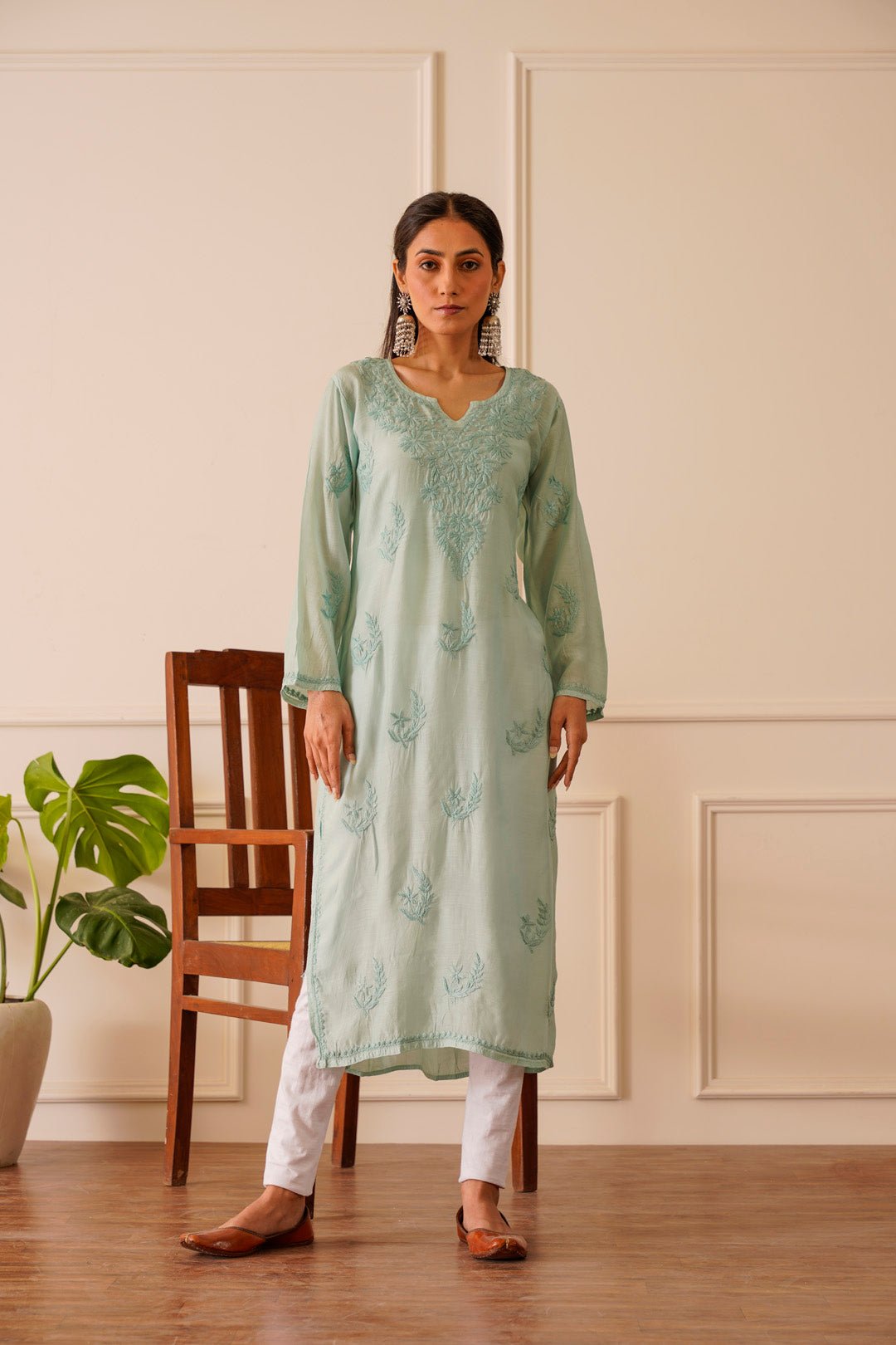 Charming Turquoise Muslin Straight Kurta - House Of Awadh