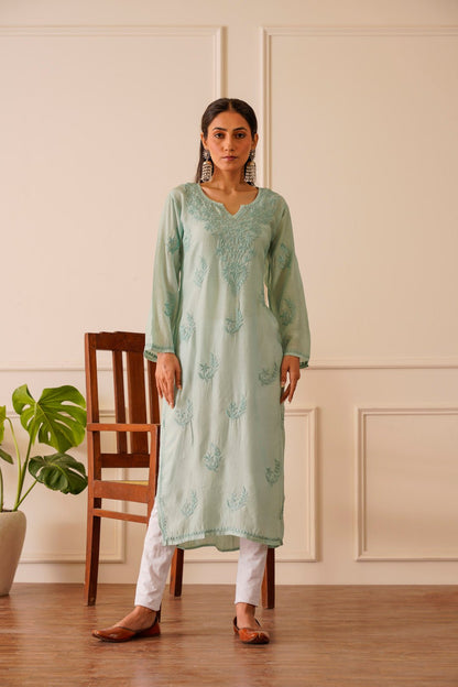 Charming Turquoise Muslin Straight Kurta - House Of Awadh