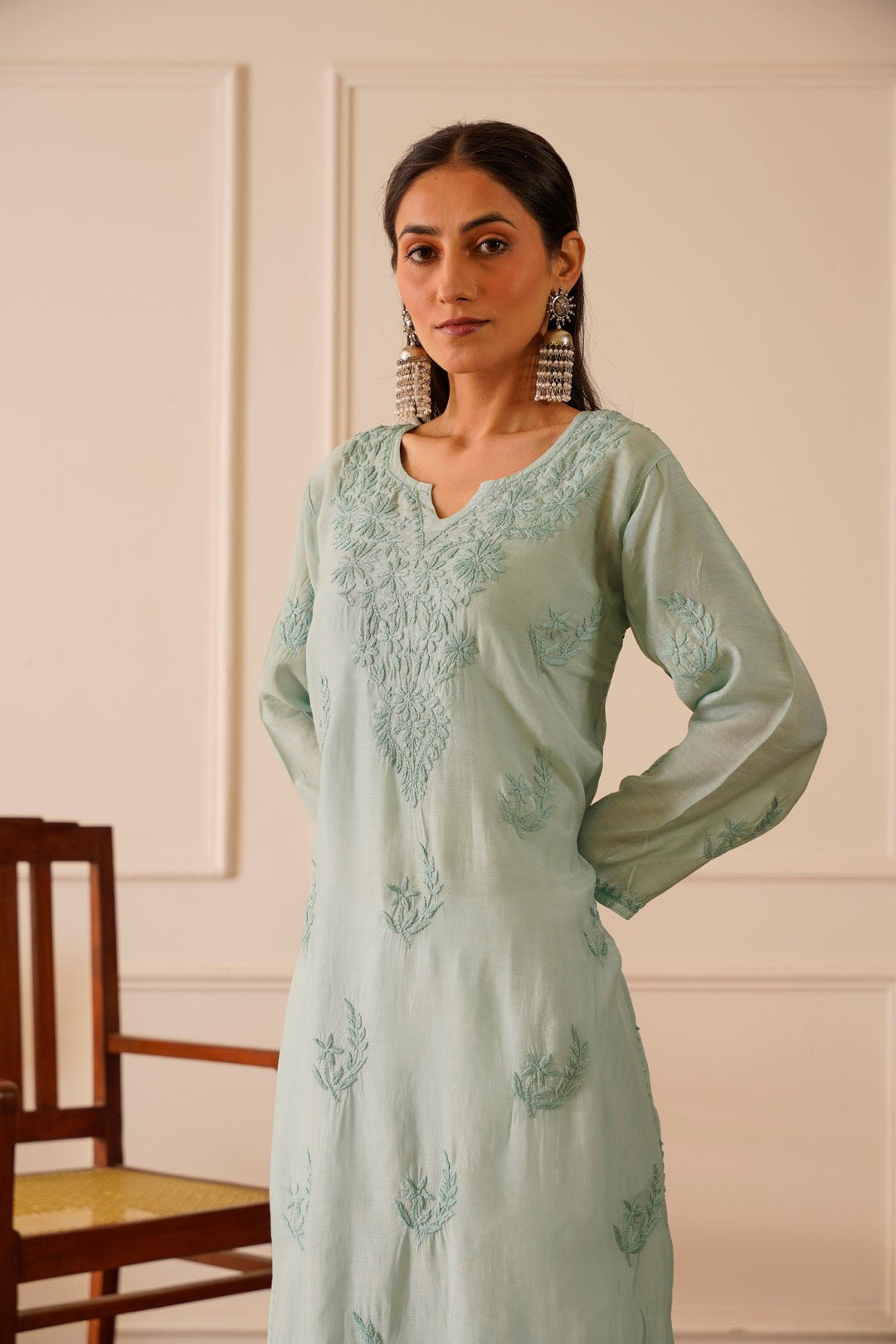 Charming Turquoise Muslin Straight Kurta - House Of Awadh