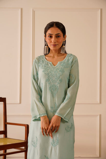 Charming Turquoise Muslin Straight Kurta - House Of Awadh