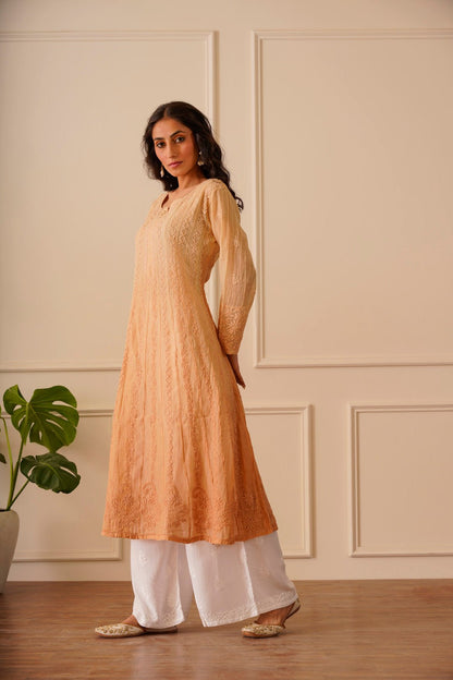 Classic Beige Mulmul Aline Kurti - House Of Awadh