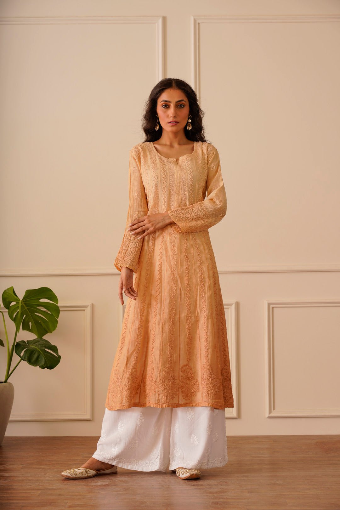 Classic Beige Mulmul Aline Kurti - House Of Awadh