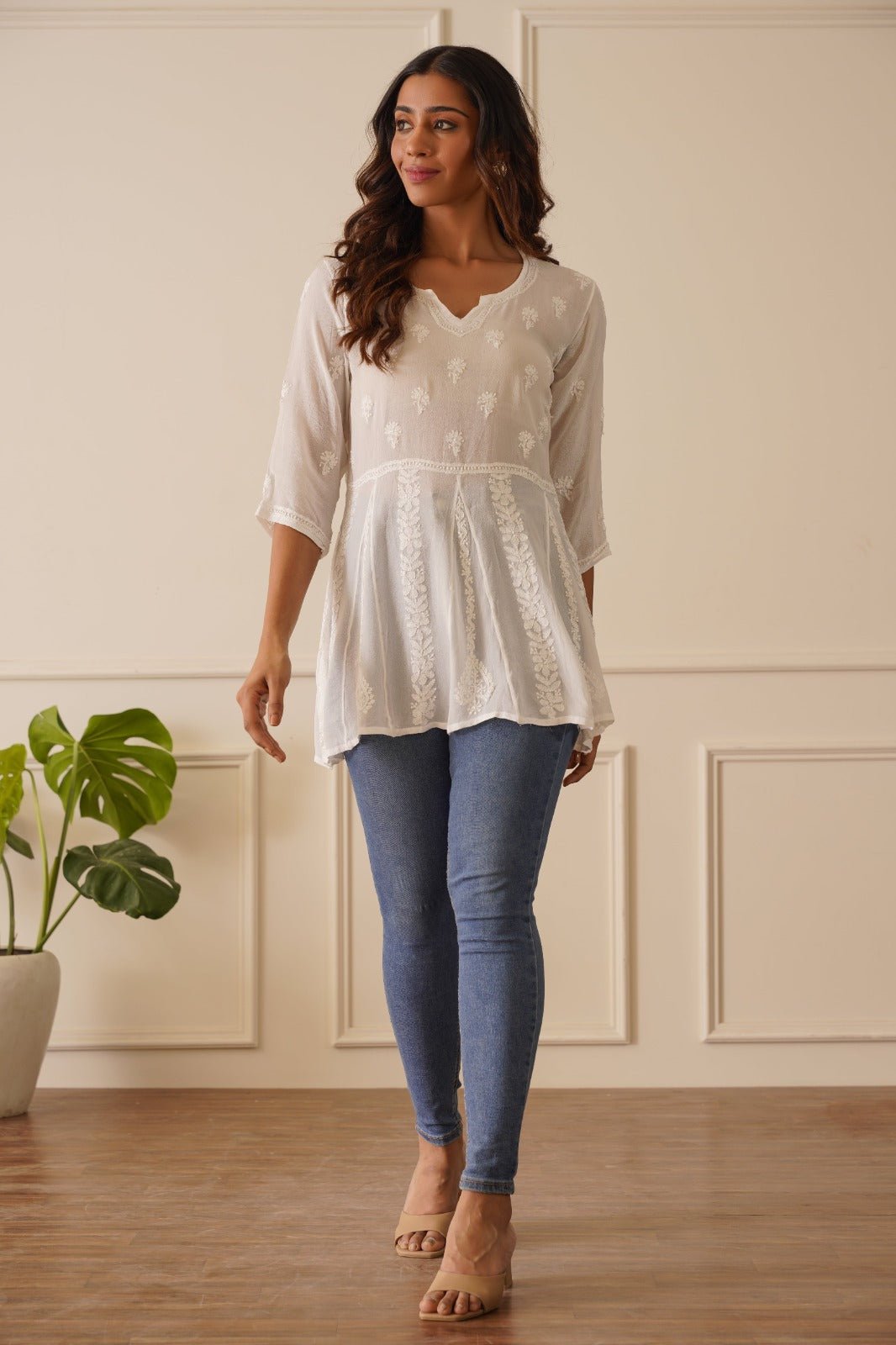 Classic White Viscose Short Kurti - House Of Awadh