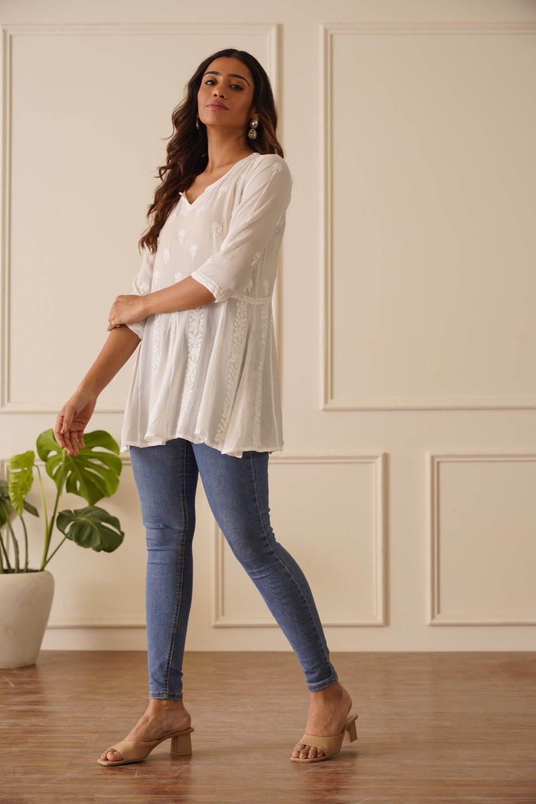 Classic White Viscose Short Kurti - House Of Awadh