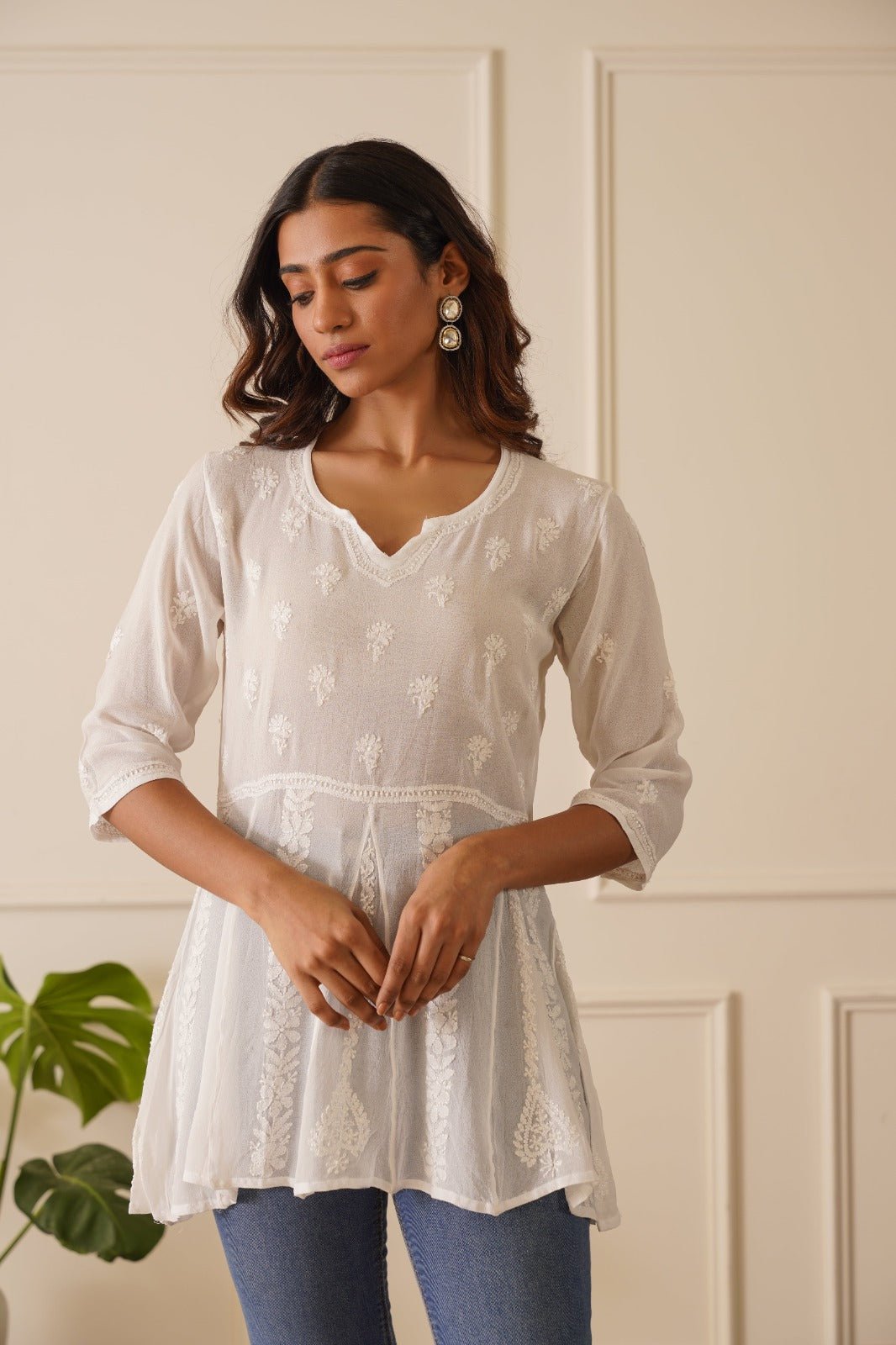 Classic White Viscose Short Kurti - House Of Awadh