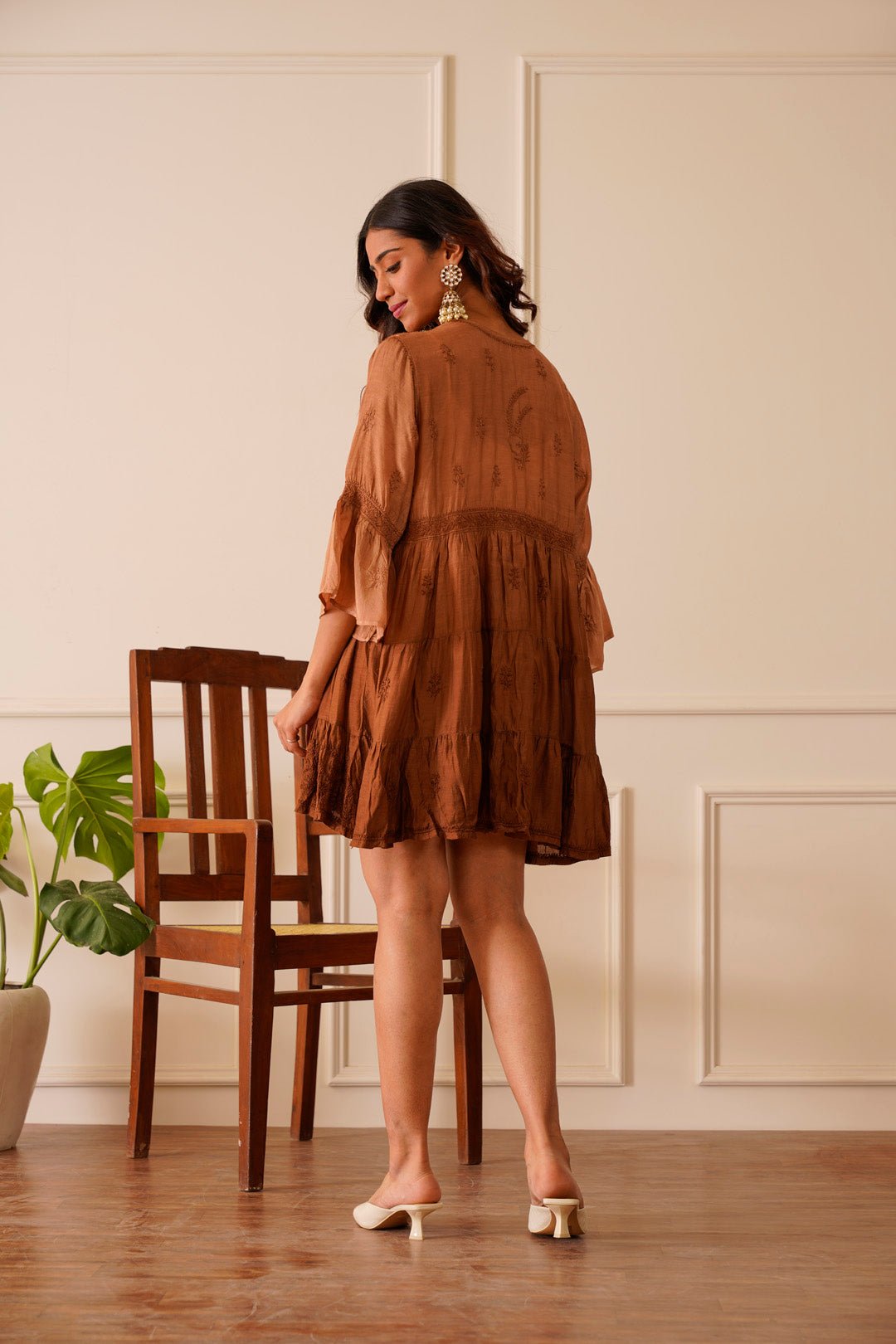 Dazzling Dark Brown Muslin Short Kurti Dress - House Of Awadh