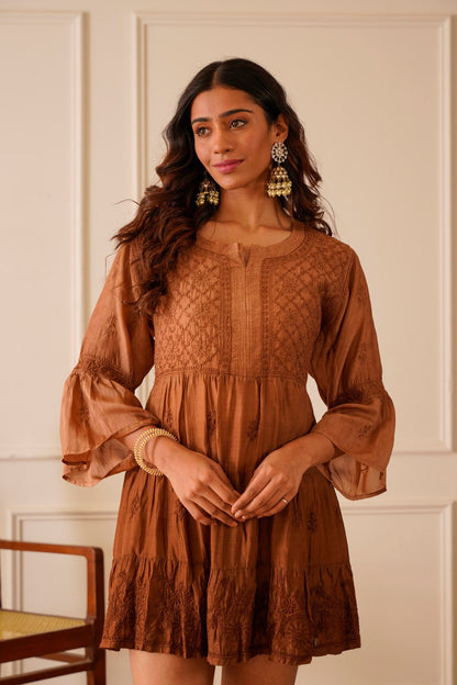 Dazzling Dark Brown Muslin Short Kurti Dress  House Of Awadh