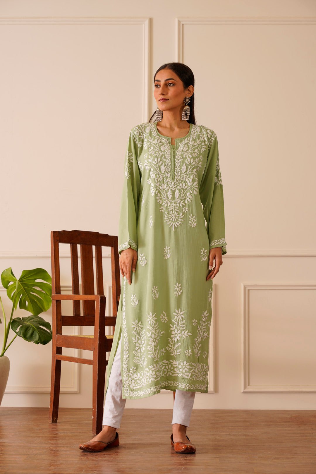 Ethnic Light green Modal Straight Kurta - House Of Awadh