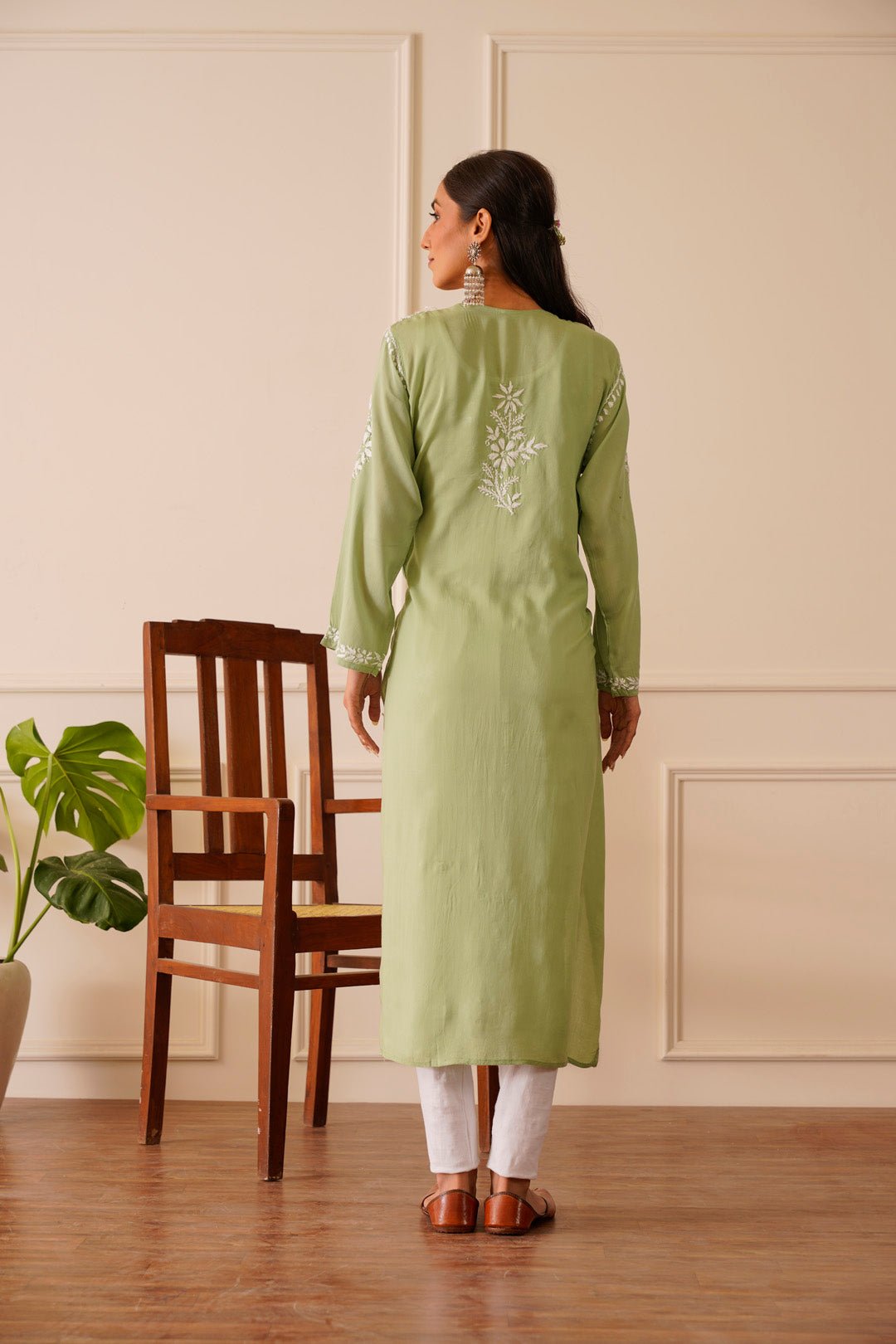 Floral embroidered parrot green kurta and palazzo set - set of two by Half  Full Half Empty | The Secret Label
